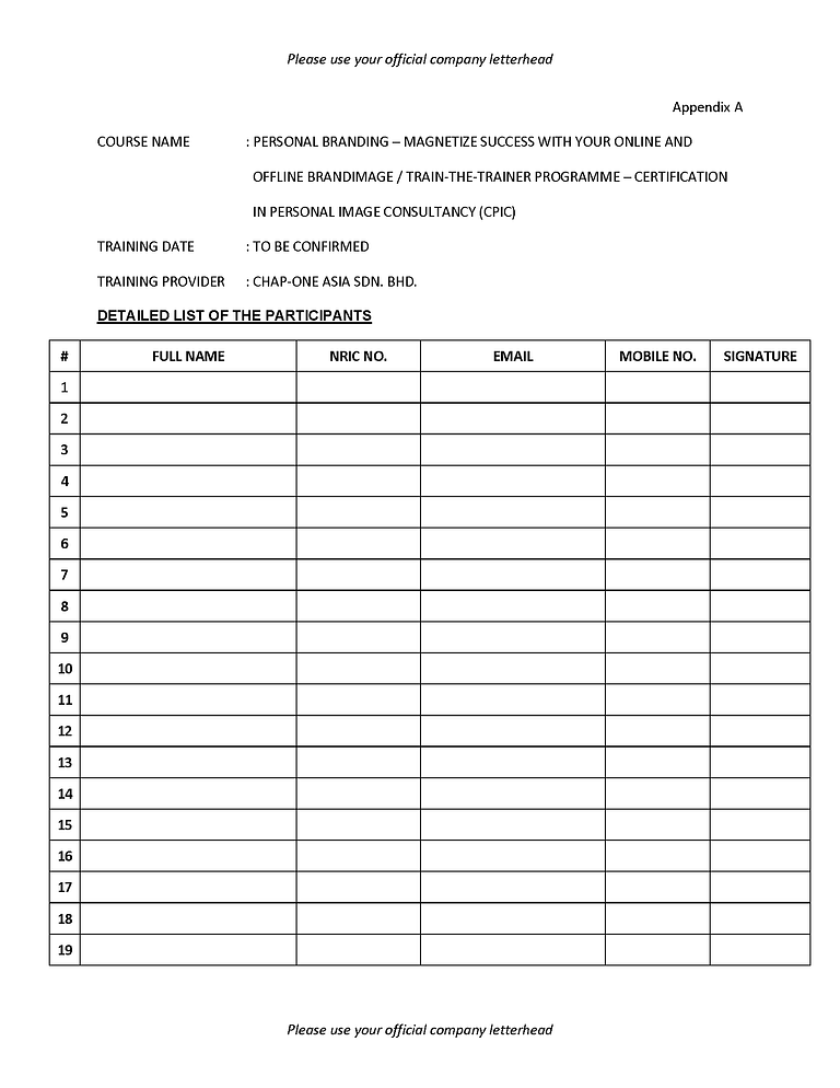 1. Participant List Template to Chap-One Asia Sdn. Bhd. | Corporate ...